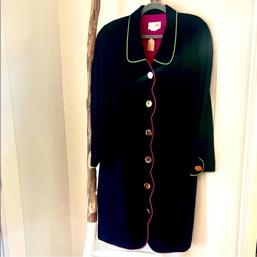 EUC Vintage 80s David Warren Black Long Sleeve Dress Gold Buttons Colorful Trim